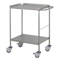 Auxiliary cart in stainless steel with two shelves: With pusher, wheels with bumpers and smooth lower shelf